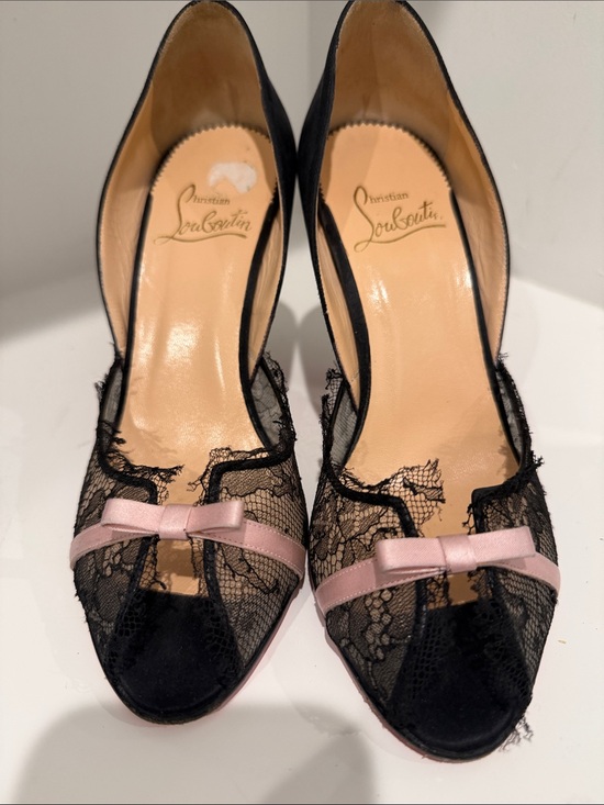 Christian Louboutin Shoes - Christian Louboutin Black Lace Peep-Toe Heels with Pink Bow Accent